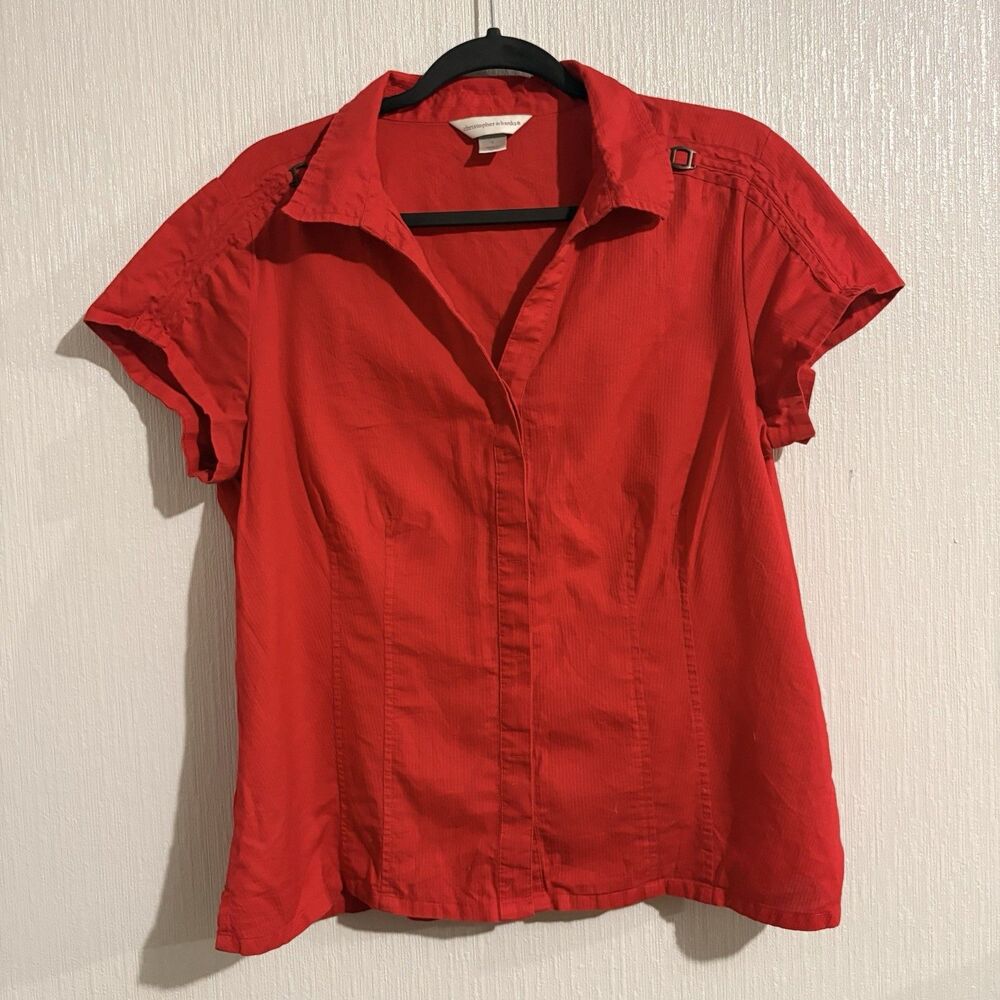 Christopher & Banks Red S/S 100% Cotton Button Down V Business July 4 Women’s L
